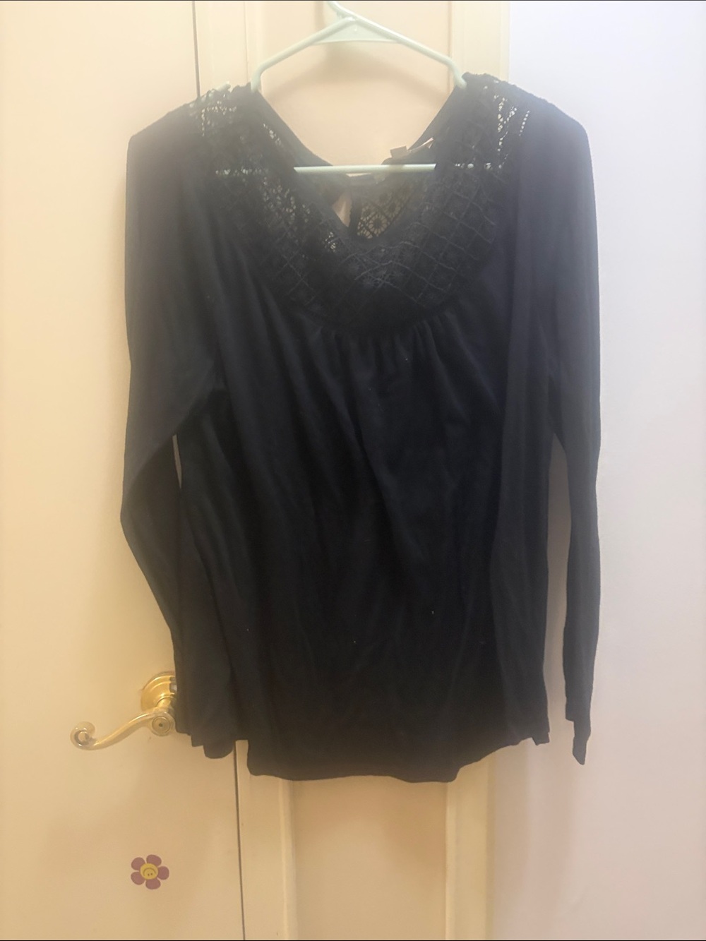 LOFT Black Long-Sleeve Top with Lace Yoke